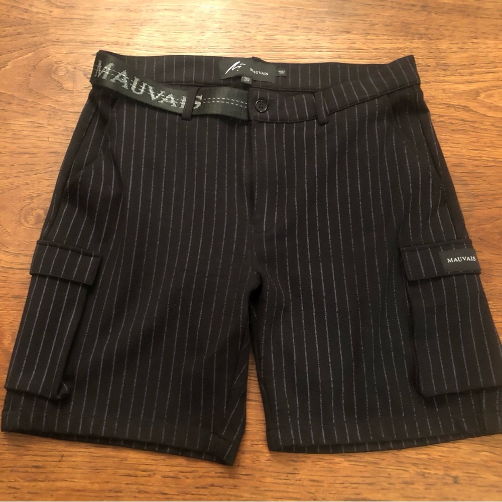 Mauvais Women’s Black Pinstripe Cargo Shorts with Half Belt on Front  1/2 on Bac